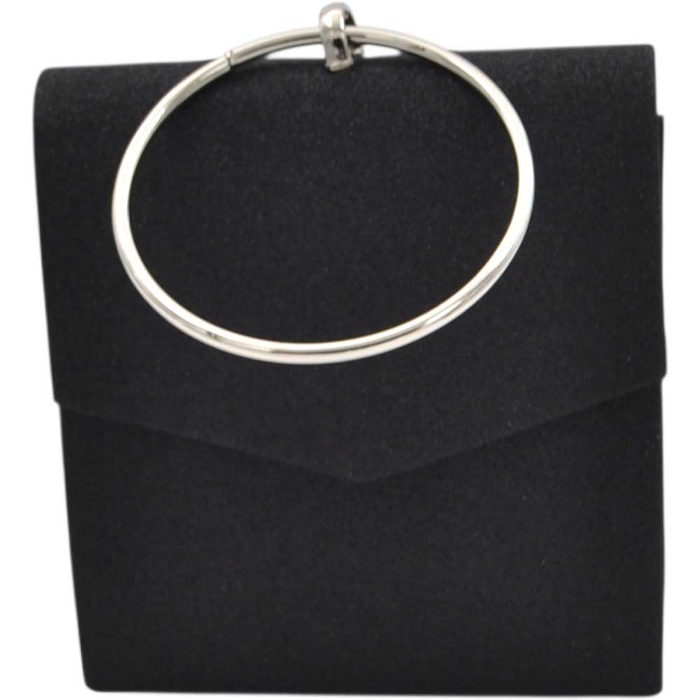 borsa pochette donna a mano rigida nera satinata con manico ad anello metallico argento e tracolla catena interna.