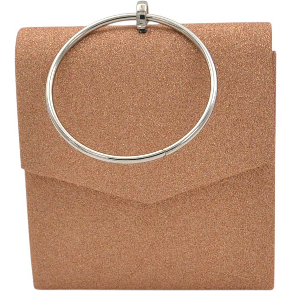 borsa pochette donna a mano rigida oro rosa satinata con manico ad anello metallico argento e tracolla catena interna.