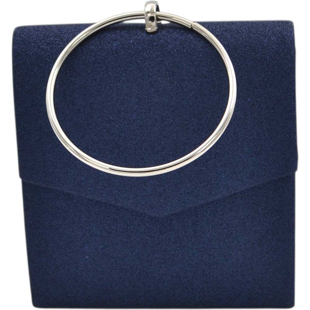 borsa pochette donna a mano rigida blu notte satinata con manico ad anello metallico argento e tracolla catena interna.