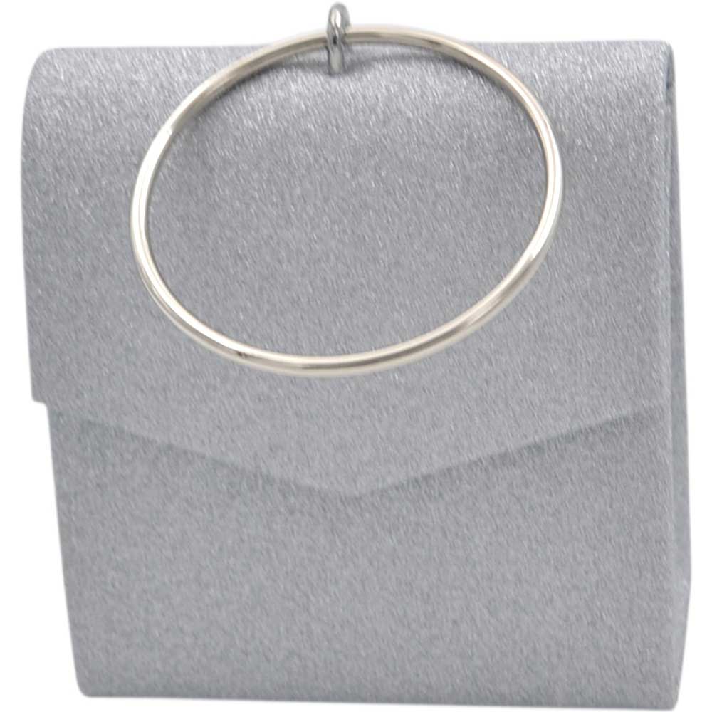 borsa pochette donna a mano rigida argentata satinata con manico ad anello metallico argento e tracolla catena interna.