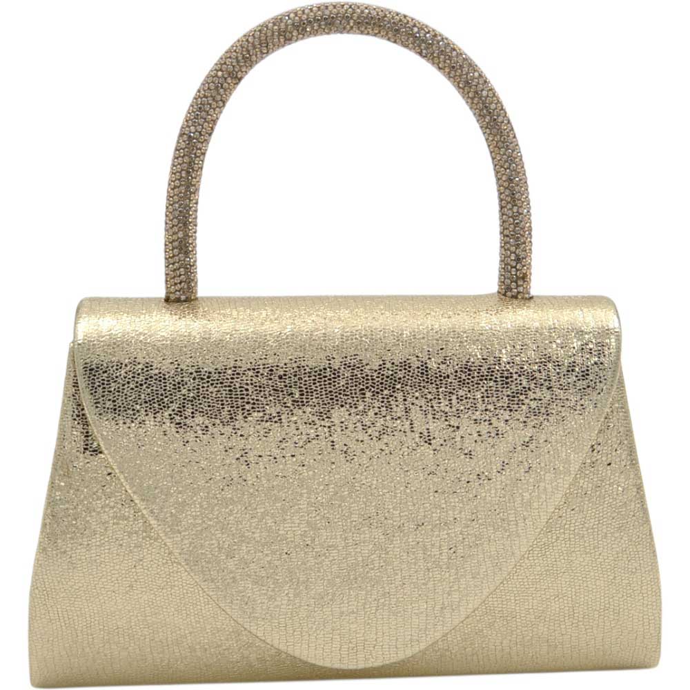 Borsa pochette donna rigida laminata oro con manico gioiello in strass.