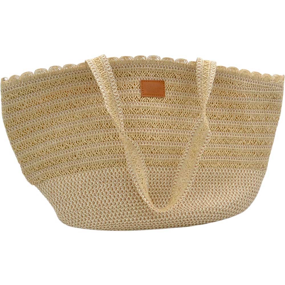 borsa da donna in paglia beige intrecciata stile shopper con doppi manici e chiusura a cerniera
