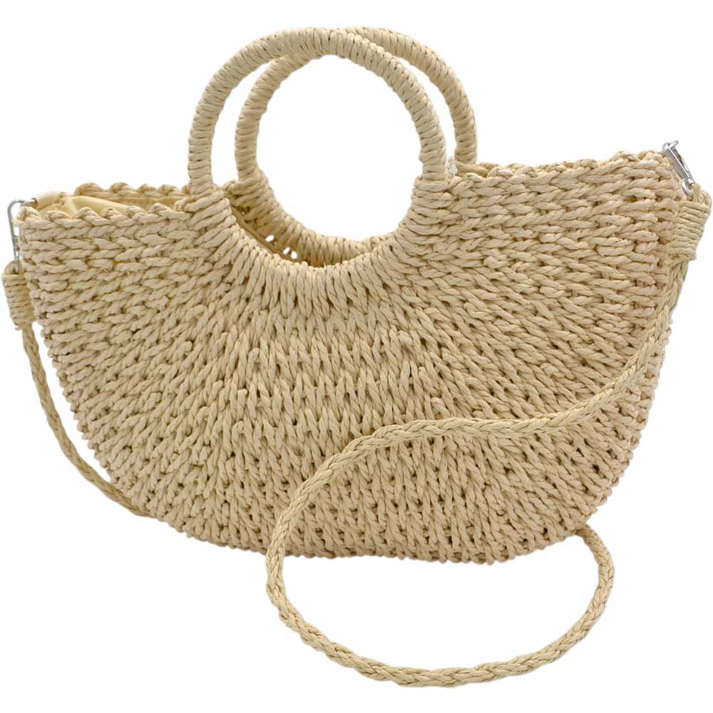 Borsa donna a mezzaluna in paglia intrecciata beige con doppi manici tondi e tracolla rimovibile zip interna.