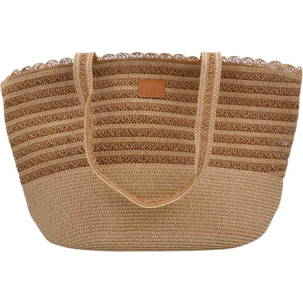 Borsa da donna in paglia cuoio intrecciata stile shopper con doppi manici e chiusura a cerniera.