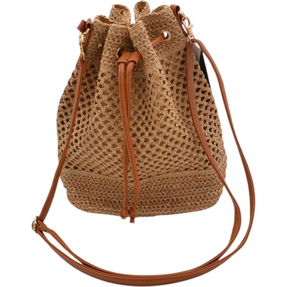 borsa a secchiello cuoio in paglia intrecciata stile uncinetto con manico e tracolla regolabile e chiusura a coulisse