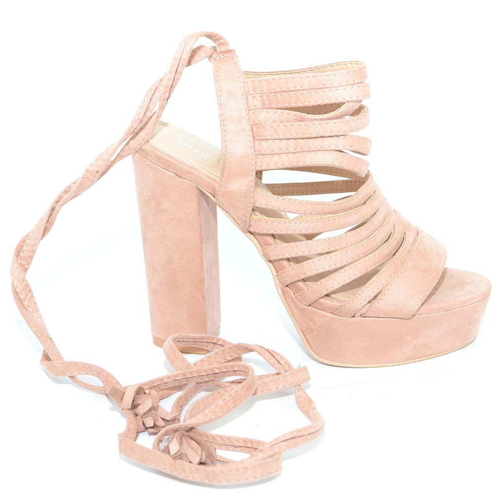 Tronchetto donna estivo rosa sandalo spuntato con plateau e tacco largo allacciatura alla schiava con nastri regolabile