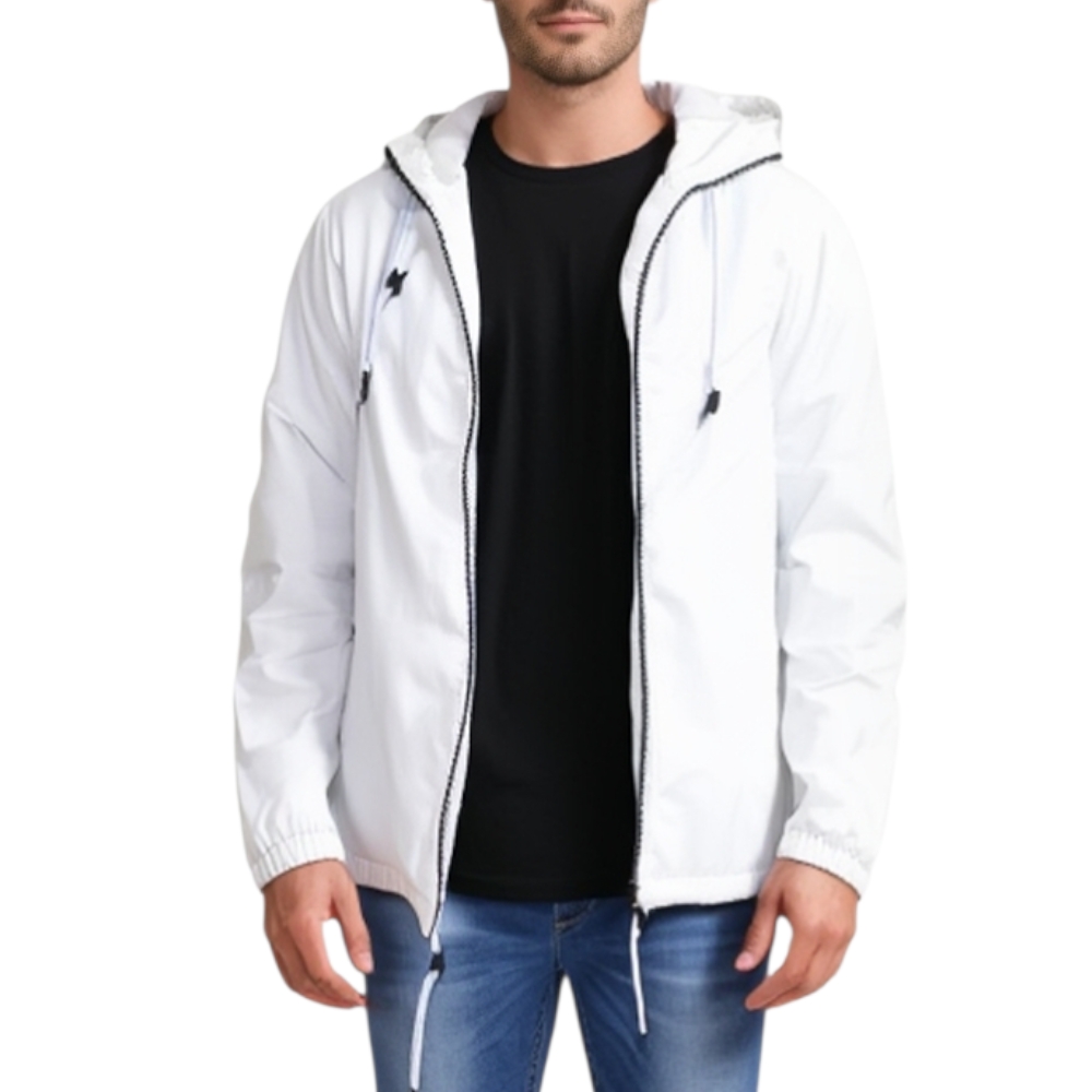 Bomber in tessuto di cotone. Giubbino bianco estivo Cerniera davanti, tasca cappuccio Sfoderato.