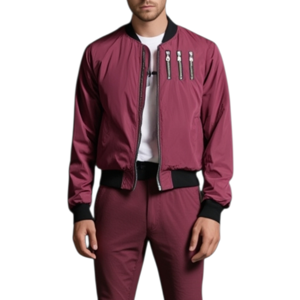 Bomber uomo imbottito bordeaux con elastico in vita e sui polsi, chiusura con zip e dettaglio zip altezza petto