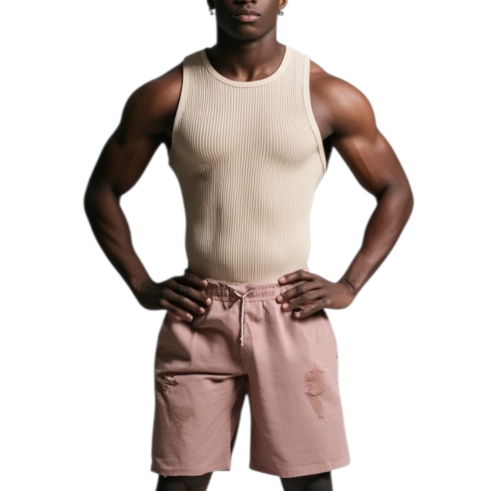 Pantaloncino uomo shorts man sportivo rosa tessuto leggero con riporto strappi moda giovane.