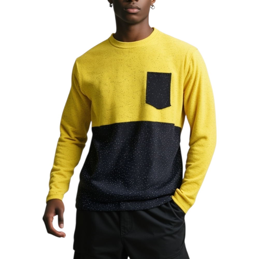 Ferlpa uomo moda bicolore giallo e nero con taschino in caldo cotone slim fit collo tondo moda giovane.