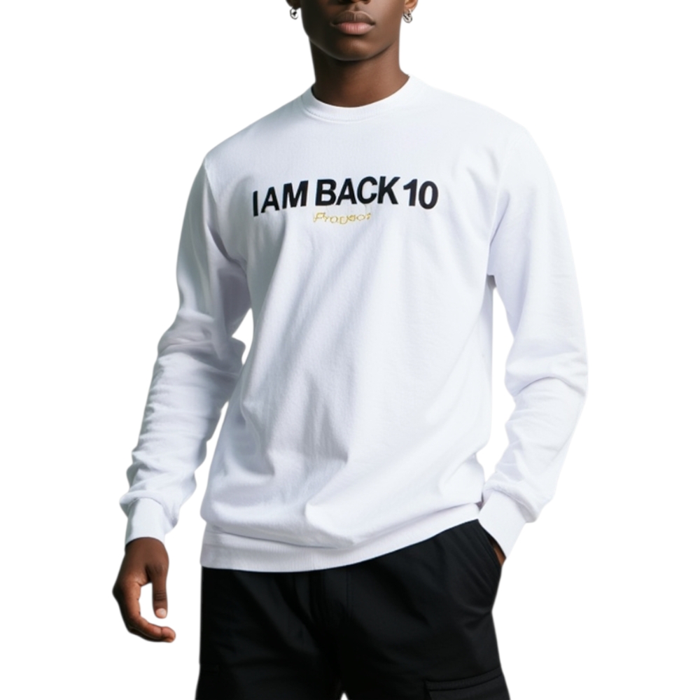 Felpa uomo bianca basic con collo rotondo scritta i'm back e maniche lunghe tessuto leggero.