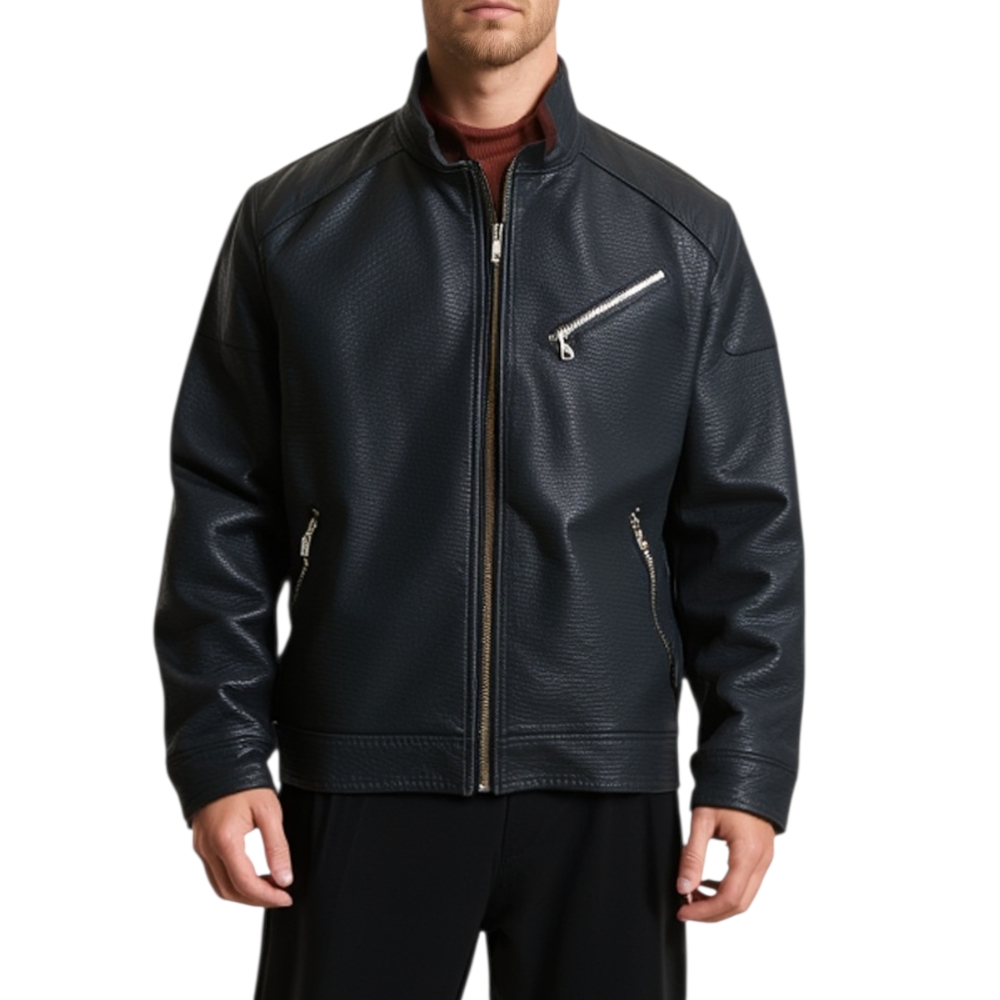 Giubbino giacca uomo in simil pelle con imbottitura zip frontale e taschino trasversale linea basic tendenza.