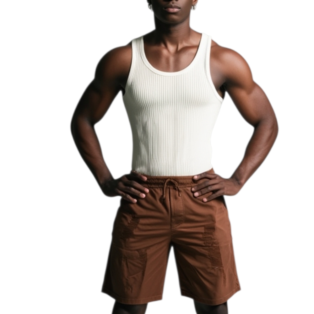 Pantaloncini Lino Uomo Pantalone Corto Bermuda  Sportivo Marrone Tasca America Chiusura Laccio Moda Giovanile.