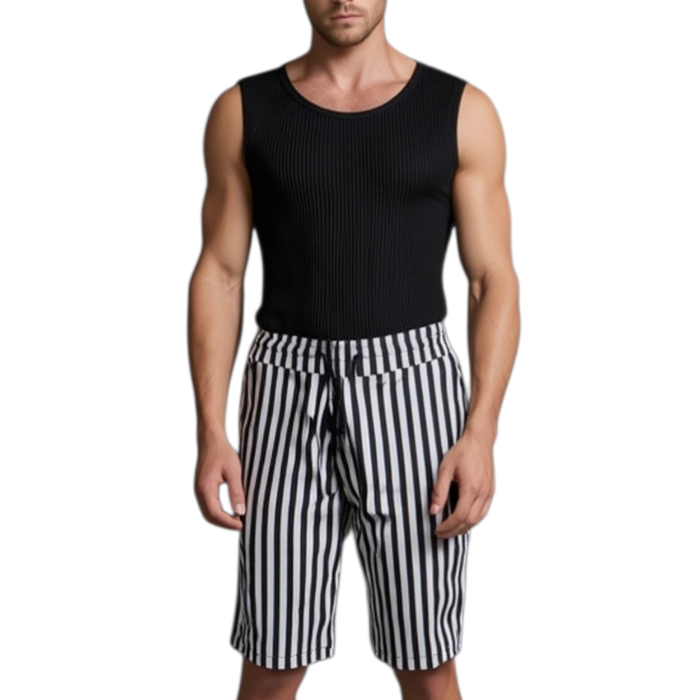 Bermuda Shorts Pantaloncini Corti Uomo Rigati Nero Righe Tasca America Casual Moda Giovanile Streetwear