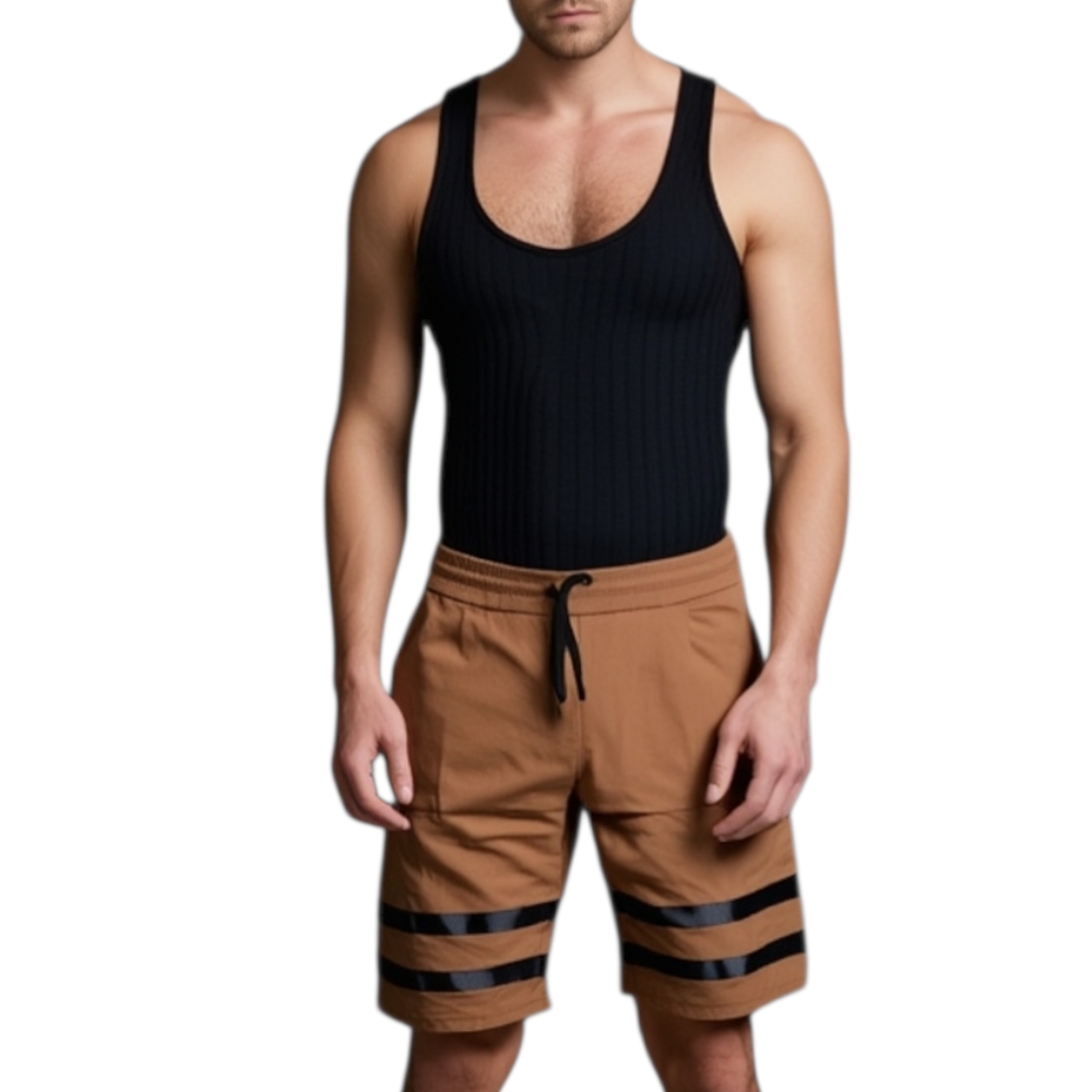 Pantalone Corto Uomo Bermuda Pantaloncini Tuta Bicolore Cuoio E Nero Molla Moda Streetwear