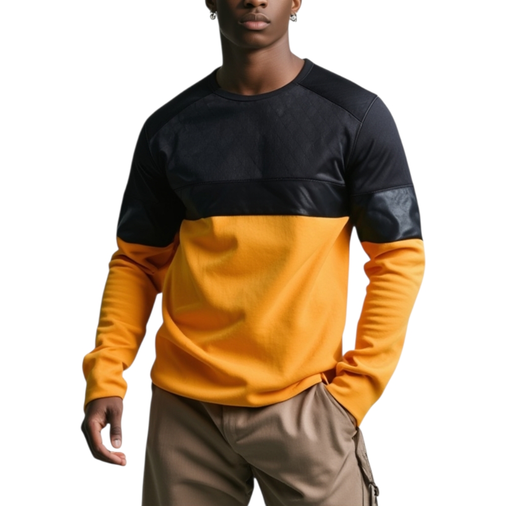 Felpa uomo giallo e nera con ecopelle nero lunga girocollo.