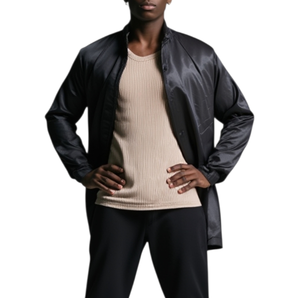 New parka collo largo zip nera lungo slim con tasconi.