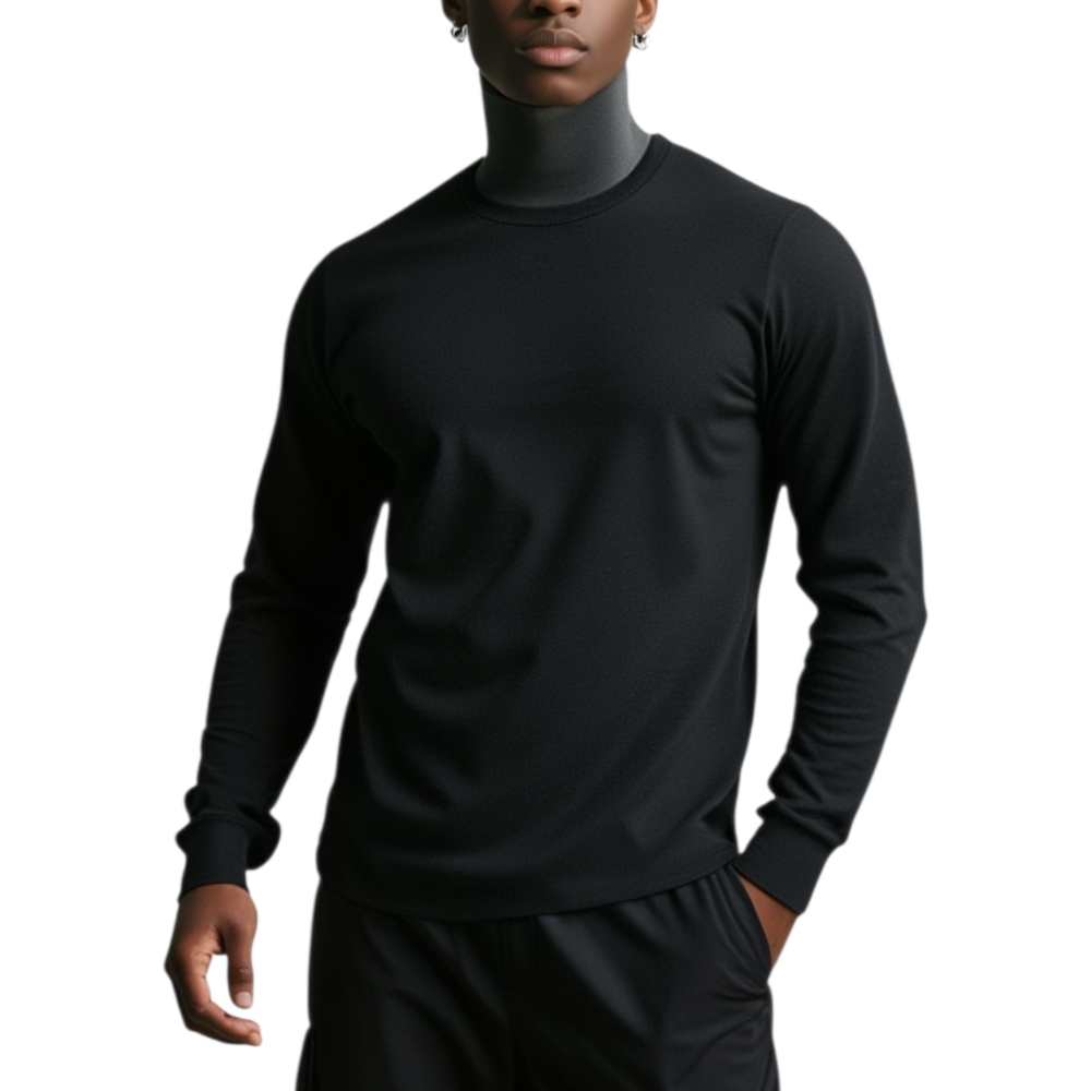 Maglia a maniche lunghe in sottile tessuto di misto cotone. Bordi di maglina sullo scollo, a fondo manica e in basso. Morbido interno spazzolato.