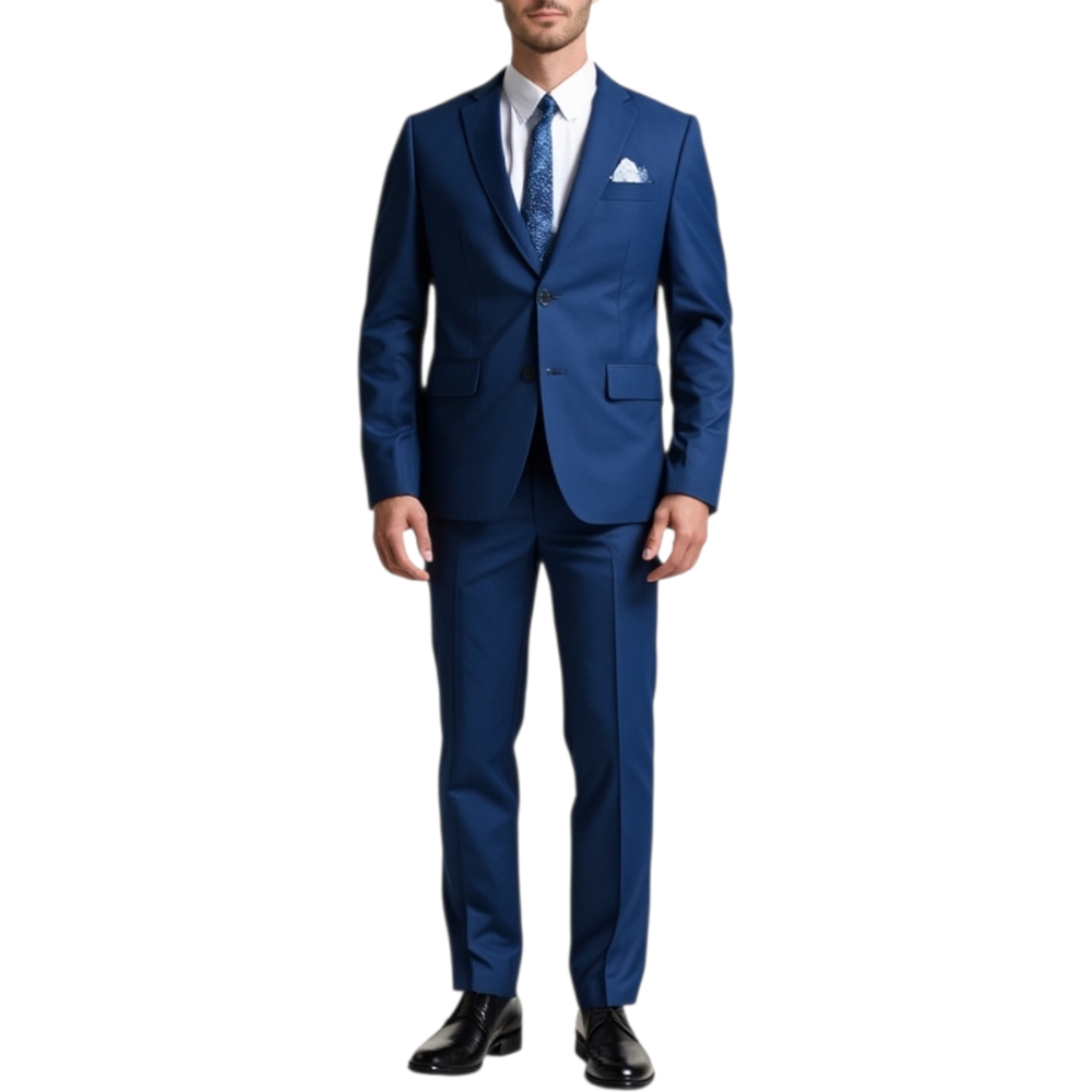 Abito sartoriale uomo in cotone cerato blu navy con giacca slim fit e pantaloni cropped capri pochette elegante evento