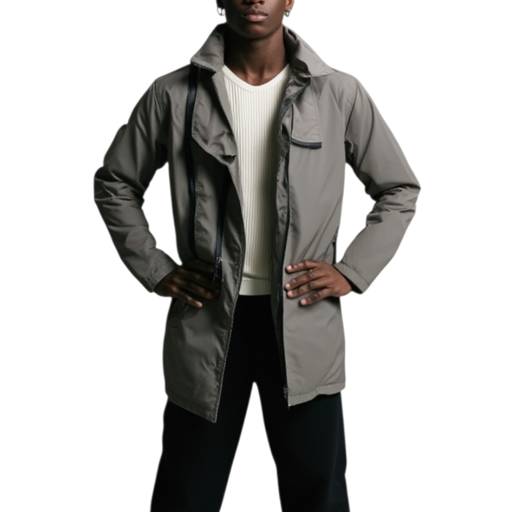 New Parka uomo verde militare con collo largo zip nera lungo asimmetrica slim fit con tasconi unbderground.