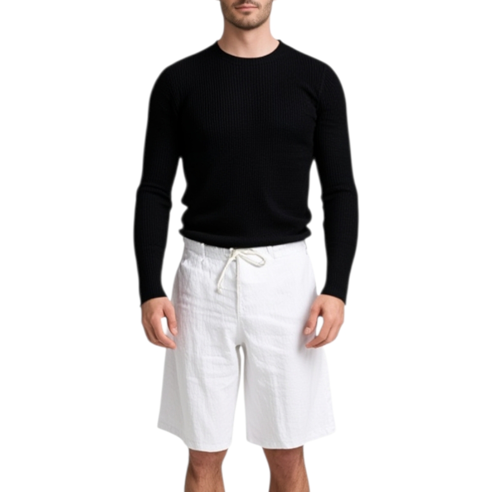Pantaloncini Lino Uomo Casual Pantalone Corto Bermuda Bianco Tasca America Chiusura Laccetto Moda Giovanile.