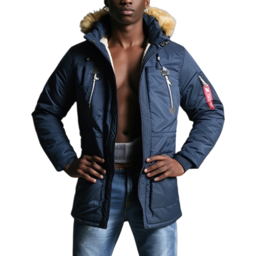 Parka uomo ACY art.3443 blu lungo con pelliccia rimovibile made in italy moda .