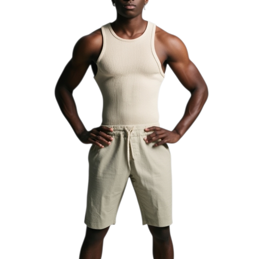 Pantaloni corti shorts pantaloncini uomo di puro lino beige con elastico e coulisse bermuda tinta unita fresco.