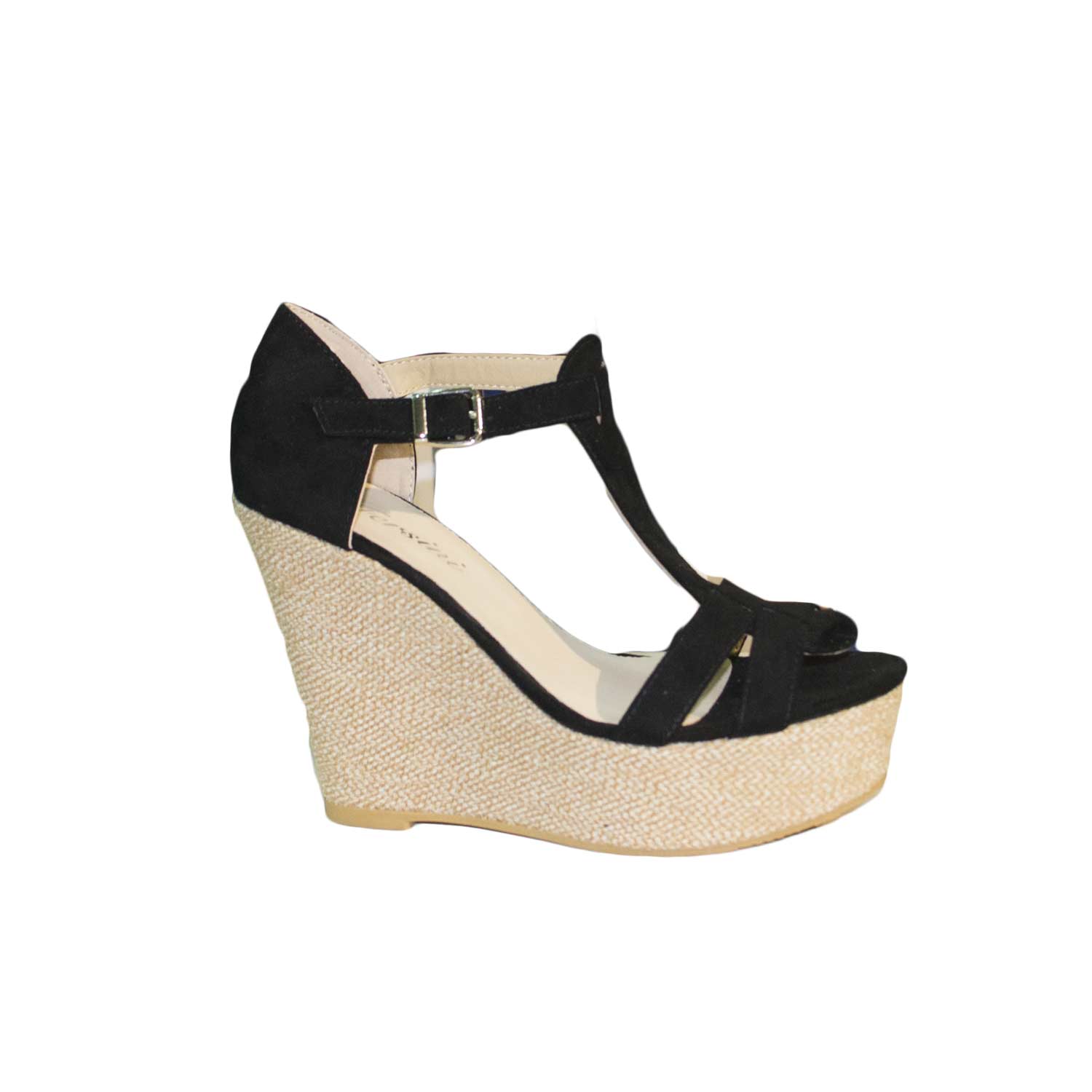 Scarpe donna alte zeppa nera tessuto cinturino comfort chic