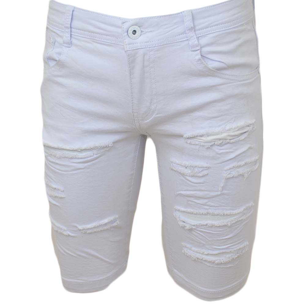 Pantoloni corti short uomo bermuda in jeans elasticizzato bianco con strappi frontali moda giovane.