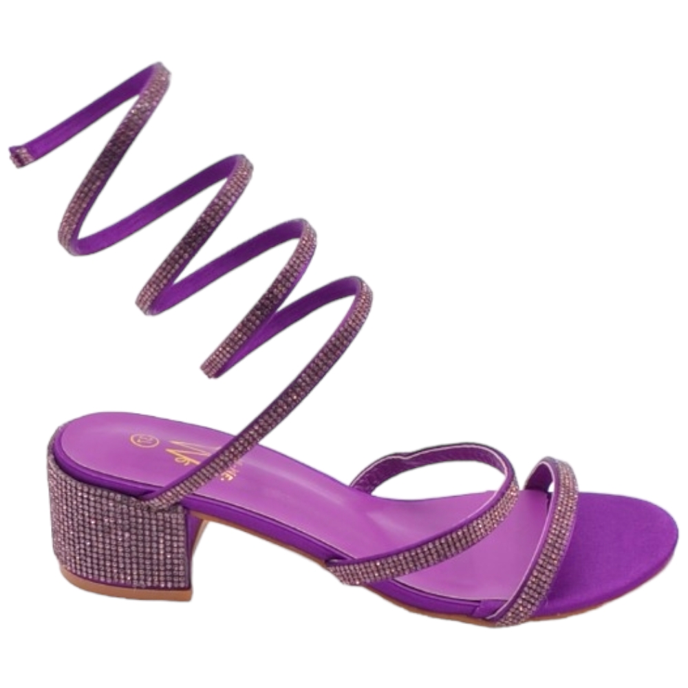 Sandali donna viola con strass tacco largo basso 4 cm serpente rigido che si attorciglia alla gamba regolabile open toe.