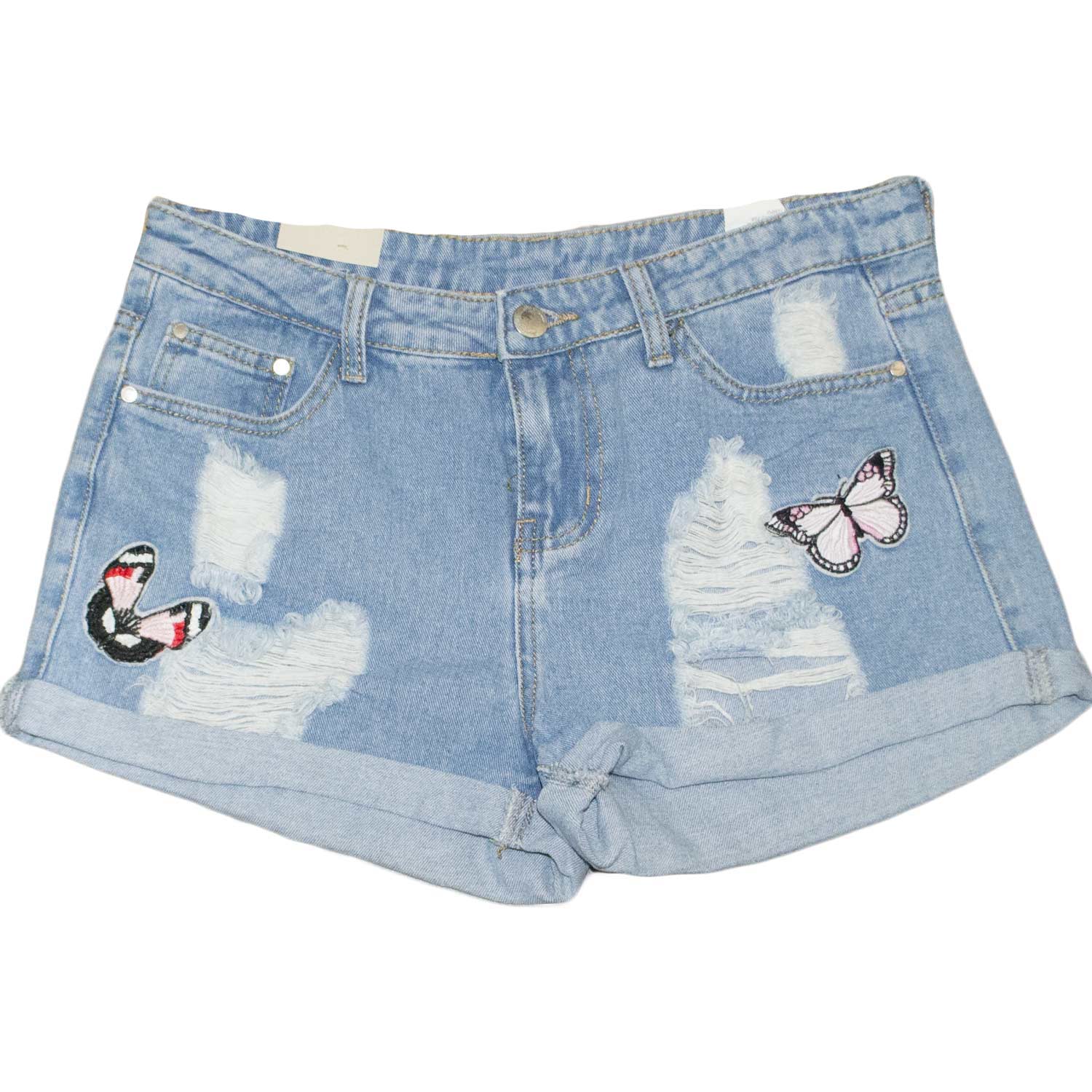Shorts pantaloncino di jeans donna corto a vita alta con stemmi farfalla moda trend tendenza