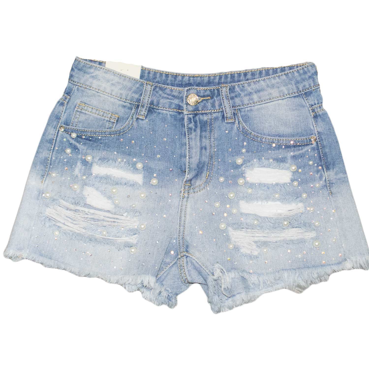 Shorts pantaloncino di jeans donna corto a vita alta con STRAPPI LAVAGGIO GRADUALE PERLINE TENDENZA