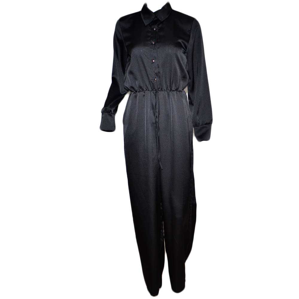 Tuta donna nera in raso intera jumpsuit manica lunga pantalone morbido bottoni sul busto elastico e coulisse in vita