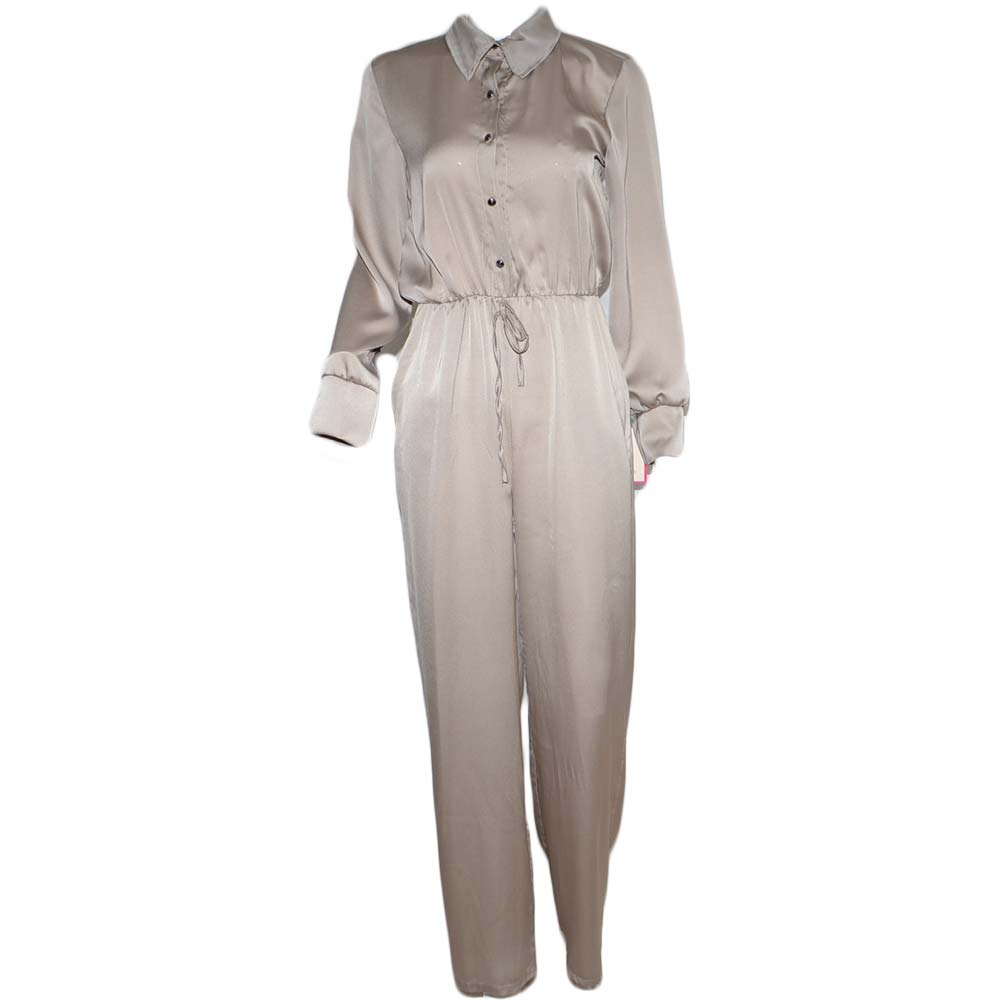 Tuta donna nude in raso intera jumpsuit manica lunga pantalone morbido bottoni sul busto elastico e coulisse in vita.
