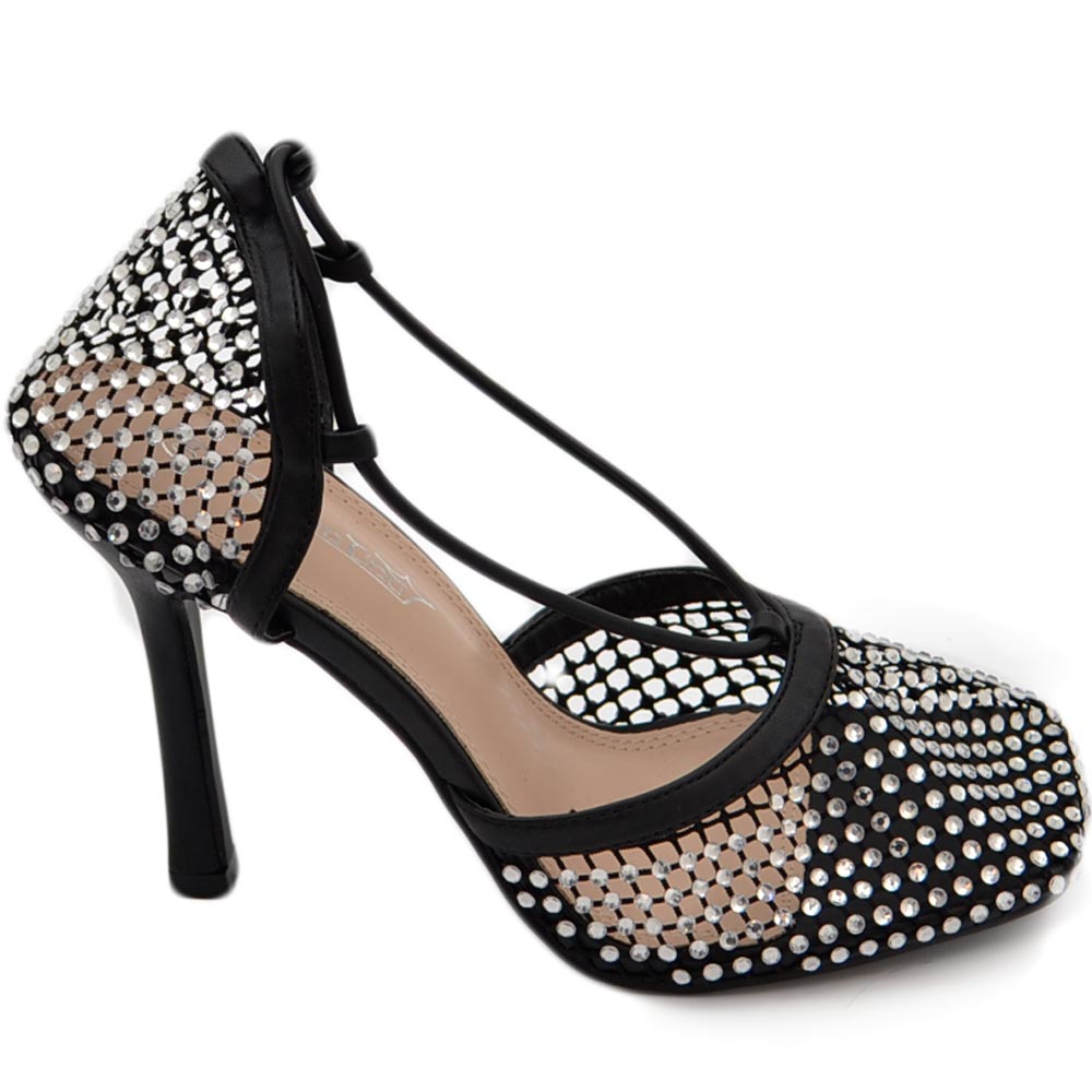 Sandali gioiello nero tacco a spillo 10 donna a rete strass e lacci alla schiava moda punta quadrata comode tendenza