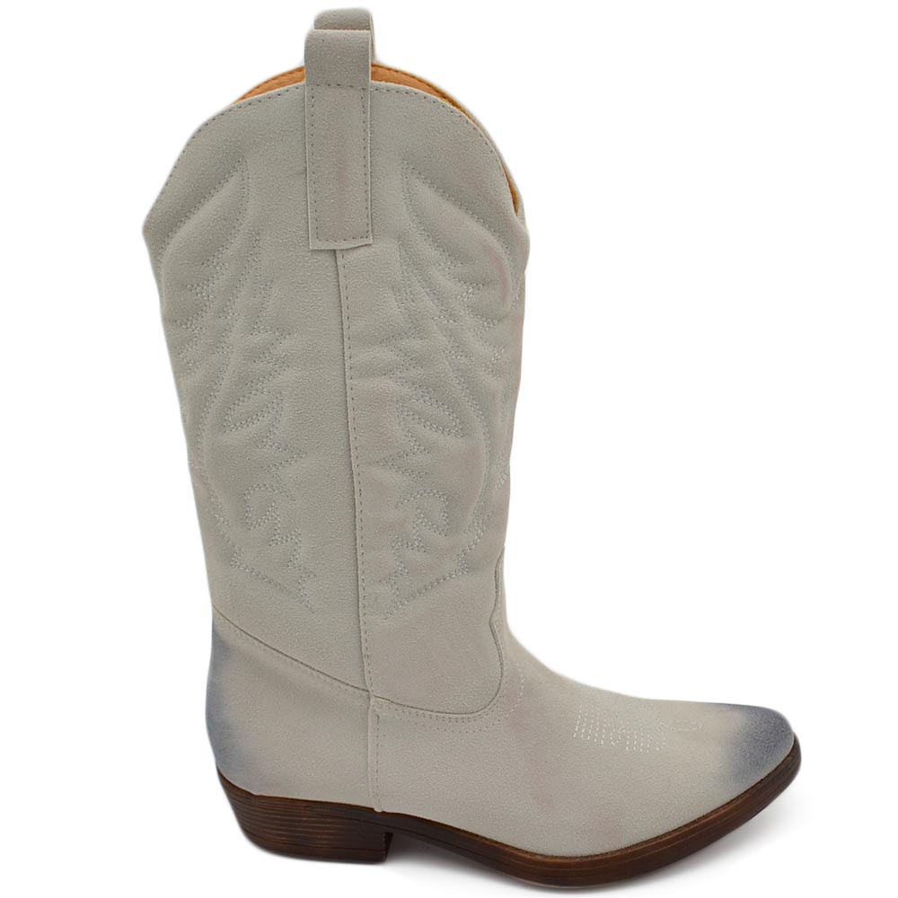 Stivali donna camperos texani stile western ghiaccio fantasia laser su pelle scamosciata tinta unita altezza polpaccio