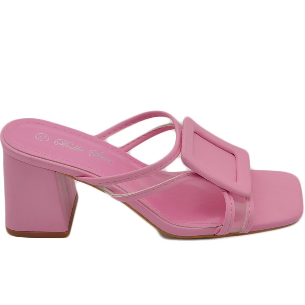 Sandali donna rosa acceso mules sabot pantofola lasci trasparenti accessorio con tacco grosso 7 cm comodo moda tendenza