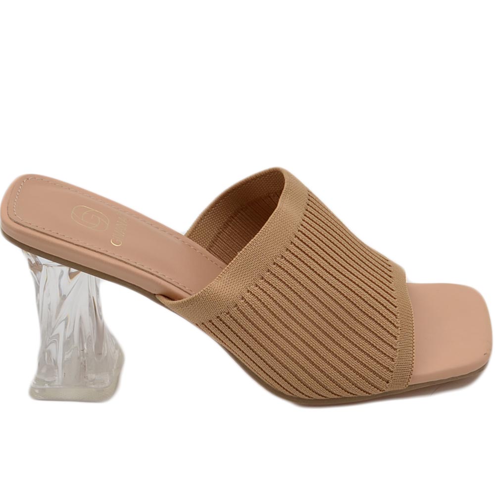 Sandali donna mules pantofole in tessuto elastico nude e tacco trasparente martini 7 moda tendenza