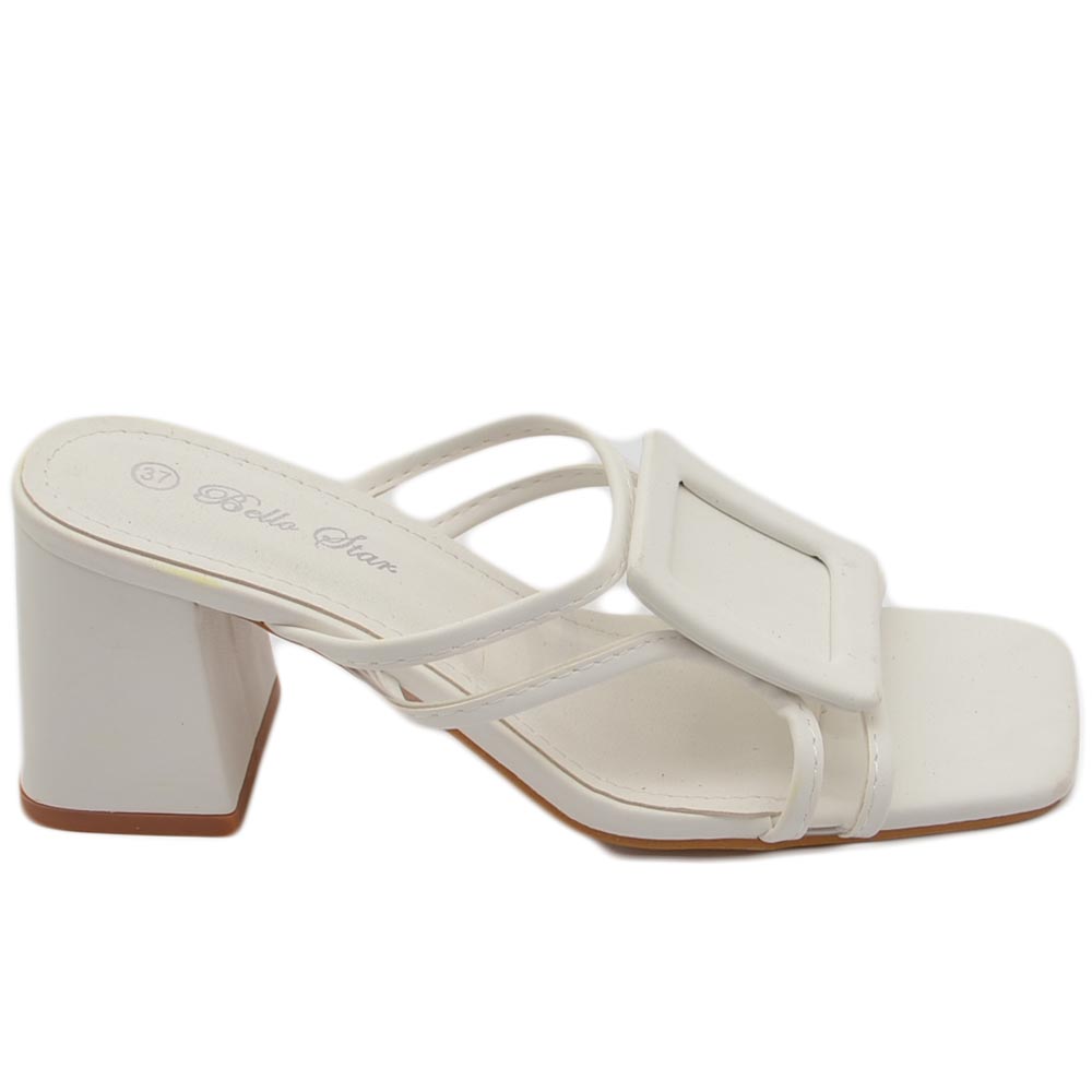 Sandali donna bianco mules sabot pantofola lasci trasparenti accessorio con tacco grosso 7 cm  comodo moda tendenza.