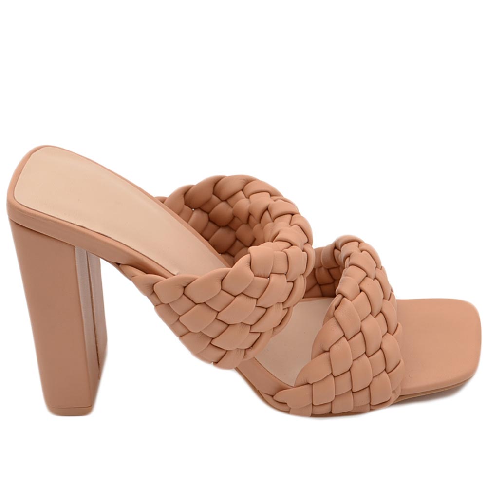 Sandalo donna nude carne mules sabot con tacco largo comodo 12 doppia fascia effetto intrecciato moda estate.