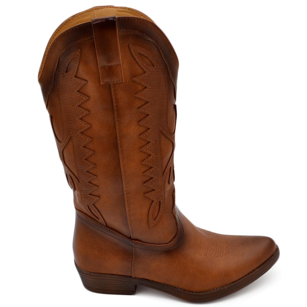 Stivali donna camperos texani stile western cuoio con fantasia laser su ecopelle tinta unita altezza polpaccio