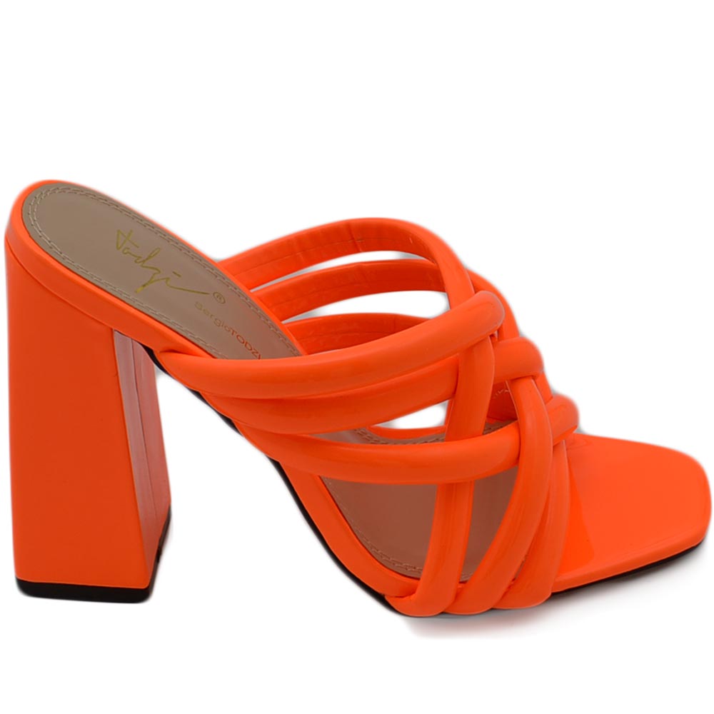 Sandali donna mules pantofoline sabot arancio fluo intrecciato con tacco largo alto 10 moda tendenza.