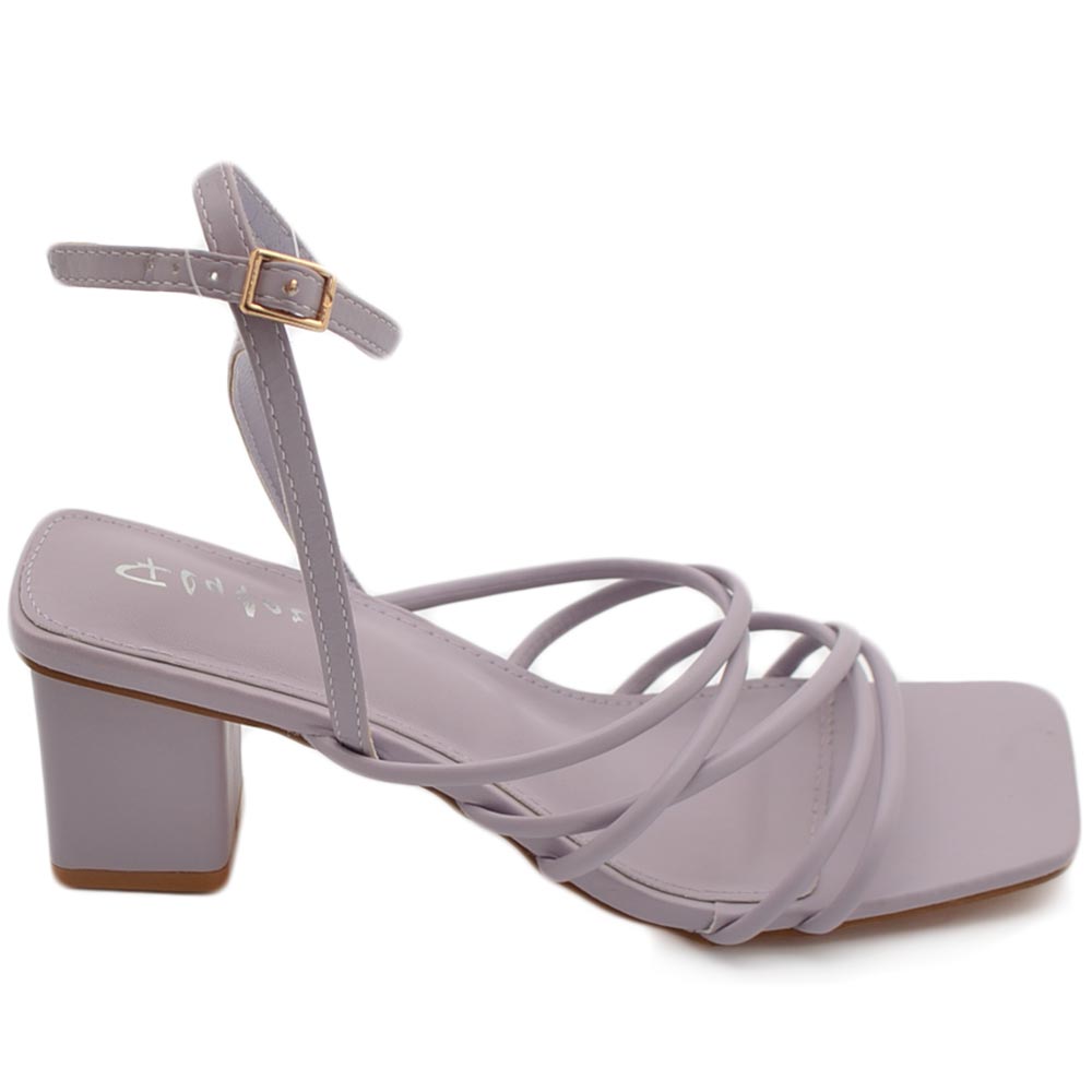 Sandalo donna lilla glicine intrecciato con tacco basso largo comodo 5 cm lacci alla schiava moda linea basic cerimonia 