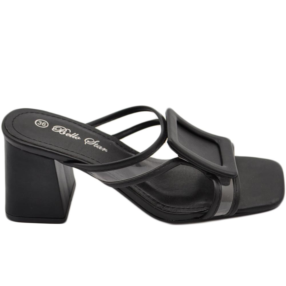 Sandali donna nero mules sabot pantofola lasci trasparenti accessorio con tacco grosso 7 cm comodo moda tendenza.
