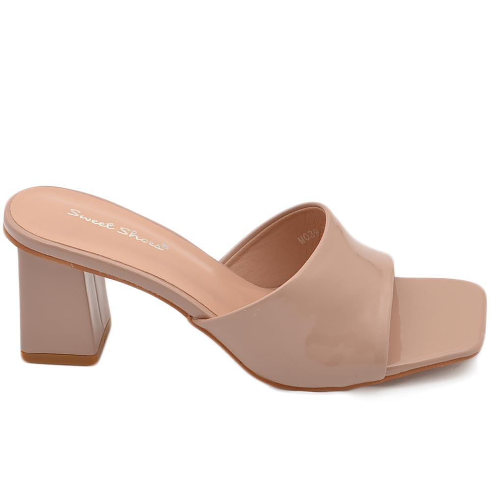 Sandali donna mules sabot con tacco grosso 7 cm fascetta larga lucidi nude comodo ciabi moda tendenza