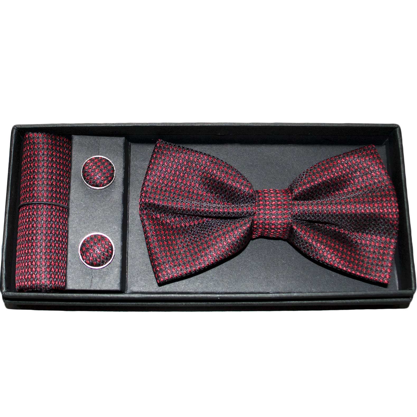 SET COORDINATO UOMO PAPILLON CON GEMELLI E POCHETTE ROSSO BORDEAUX POIS ELEGANTE CERIMONIA