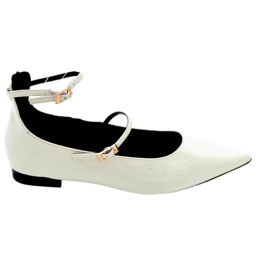 Scarpe ballerine donna bianche a punta lucida con cinturini raso terra moda comfort fondo antiscivolo