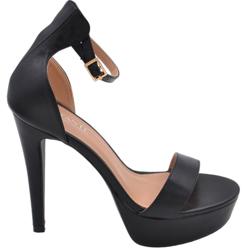 Sandali donna in pelle nero con tacco alto sottile 12 cm e plateau 3 cm cinturino alla caviglia regolabile
