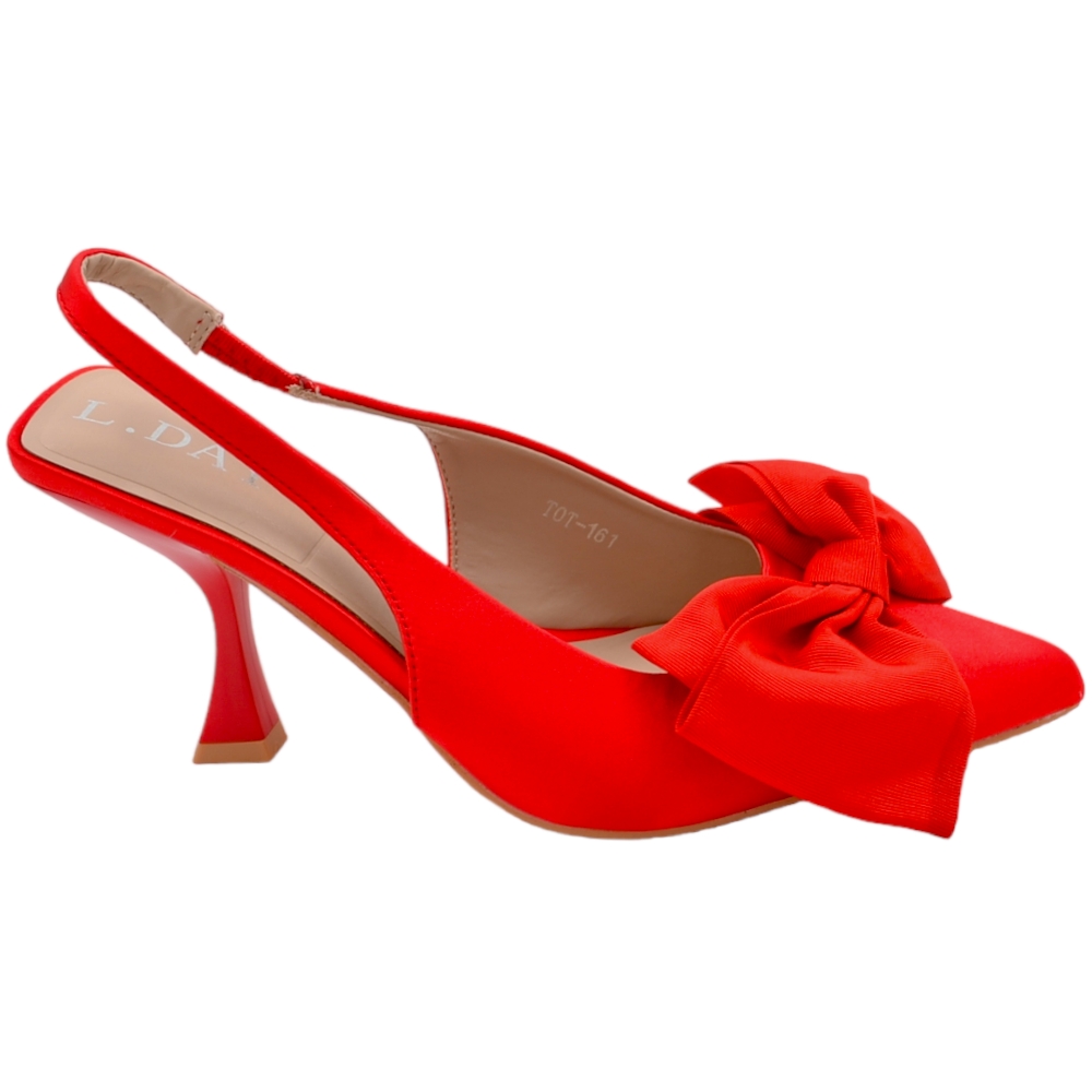 Scarpe decollete' donna slingback rosso a punta con fiocco in punta moda tacco a spillo 8cm cinturino tallone regolabile