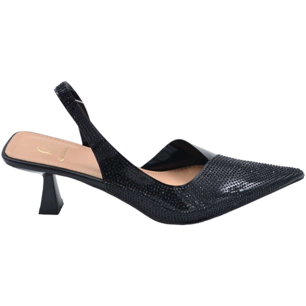 Scarpa decollete' donna a punta slingback con trasparenza nera e brillantini con tacco mini 3 cm e cinturino tallone